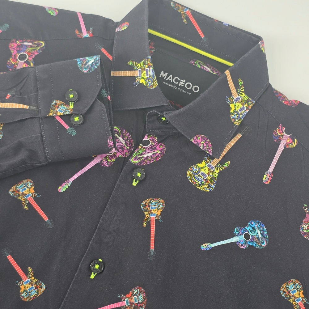 Maceoo Button Down Shirt Mens 3/M Black Guitar Print Italian Digital Fabric LS